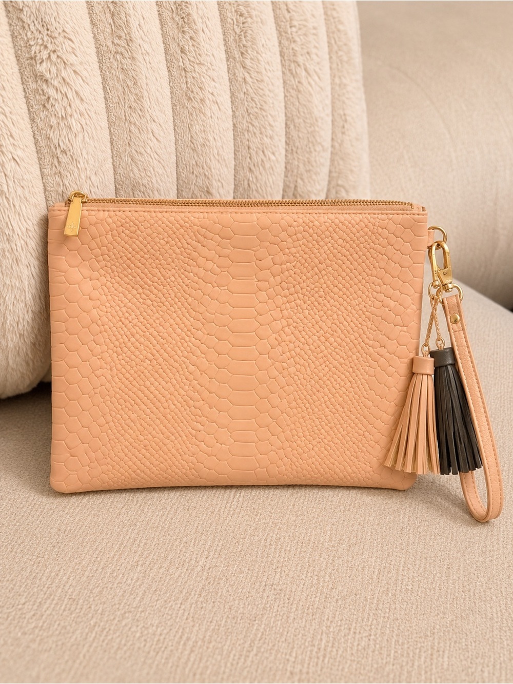Blush Nude Snake-Embossed Wristlet Clutch with Tassel Detail